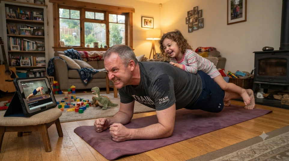 Plank met lachend kind op rug
